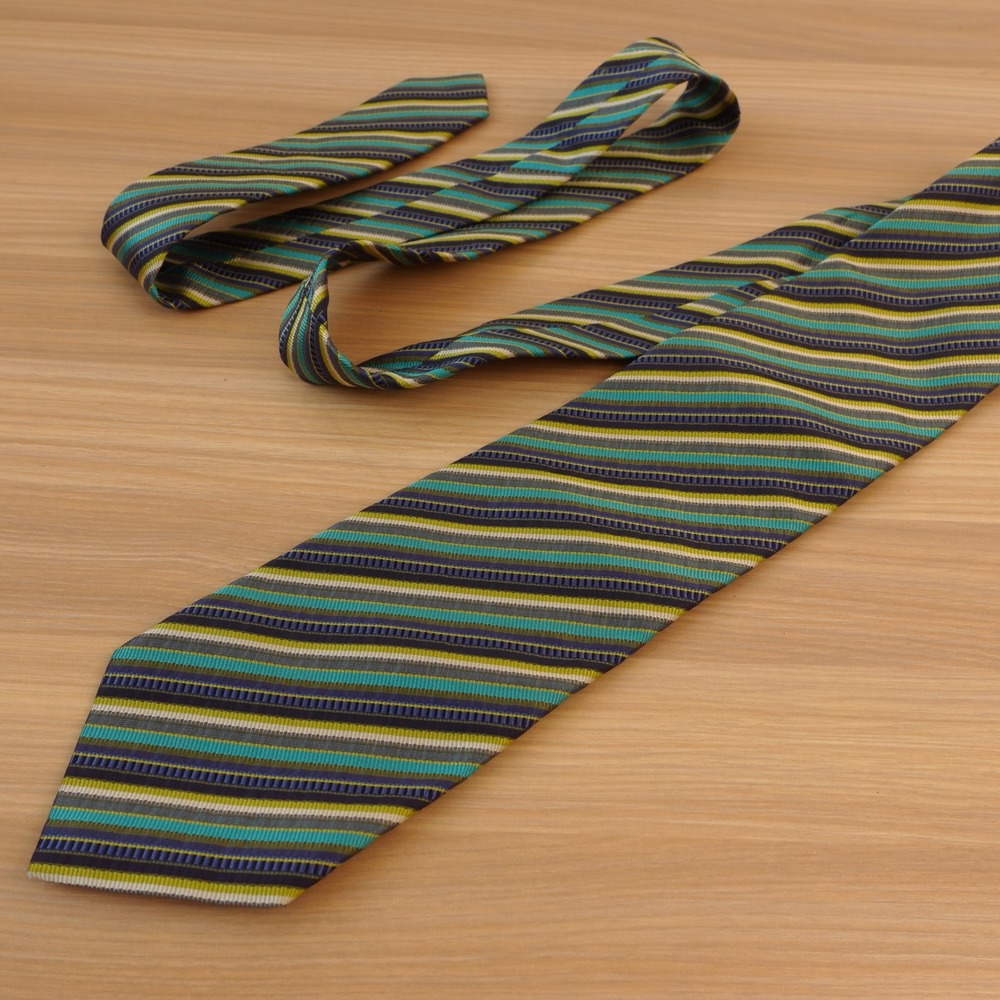 Vintage Italian Silk Tie Mens Blue Green Stripe Ivy Prep Luxury Eclectic PAVONE